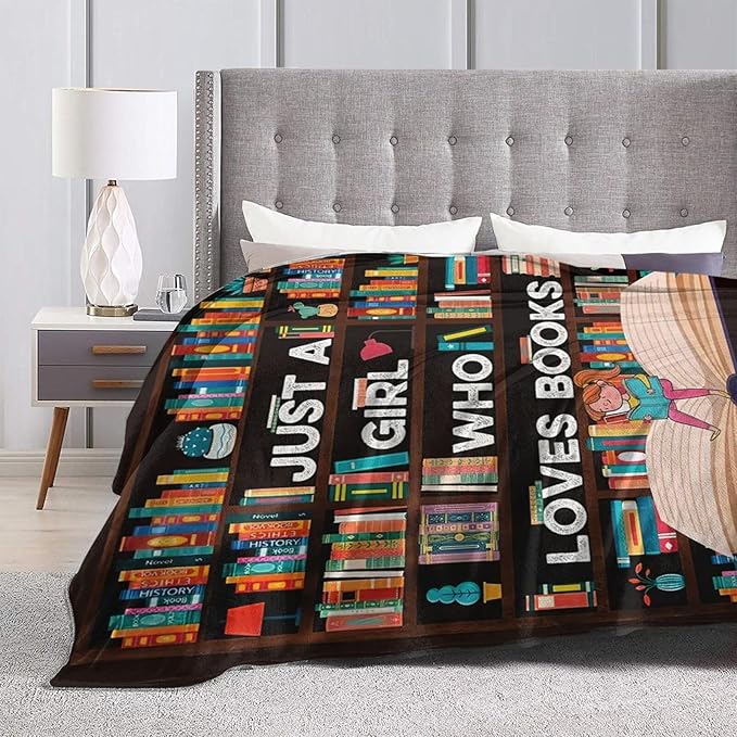 Books Blanket Reading Throw Blanket Just A Girls Who Loves Books Decor Stuff Merch Cozy Print Flannel Fleece Soft Plush Fuzzy Warm Lightweight Bedding Read Books Gifts for Women Kids 50"X40"
