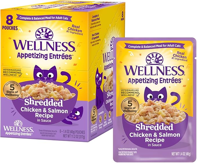 Wellness® Appetizing Entrées™ Shredded Chicken & Salmon Recipe in Sauce Natural Wet Cat Food, 1.4 oz Pouch (Pack of 8)