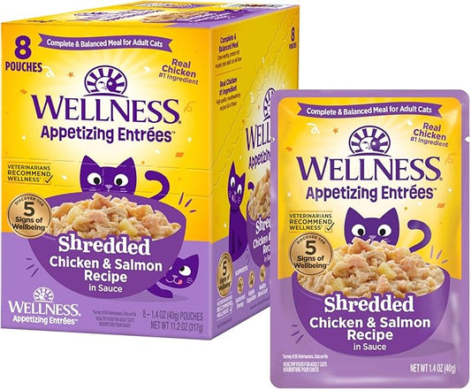 Wellness® Appetizing Entrées™ Shredded Chicken & Salmon Recipe in Sauce Natural Wet Cat Food, 1.4 oz Pouch (Pack of 8)