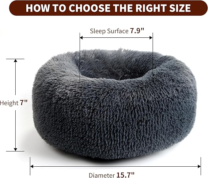 Calming Dog Bed for Cats and Small Dogs, Donut Washable Small Cat Bed for Indoor Cats and Dogs, Anti-Slip Round Fluffy Plush Faux Fur Pet Bed for Small Cats and Dogs (Dark Grey, 15.7")