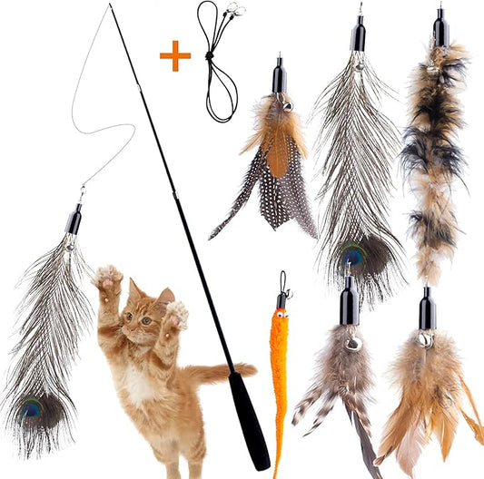 Retractable Cat Wand Toy for Indoor Cats Interactive Cat Feather Toys with Bell 8 Packs Kitten Toys with Fishing Pole Replaceable Worm Feather Tail Cat String Toy Gift for Indoor Outdoor