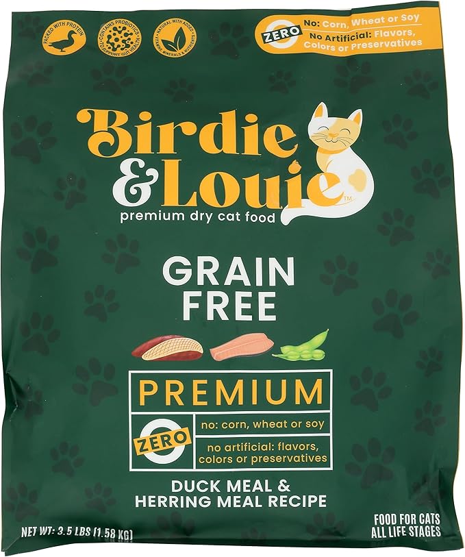 Birdie & Louie Duck Meal & Herring Meal Recipe Dry Cat Food, Grain Free, Preservatives Free, 3.5 LB (Pack of 4)