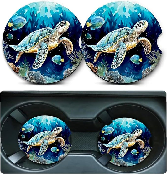 Car Coasters for Cup Holders,2 Pack Sea Turtle Car Cup Holder Coasters,2.75" Universal Size Anti Slip Rubber Mat,Automotive Cup Holder Decal Decor Accessories,Sea Turtle Gifts for Women,Mom,Men