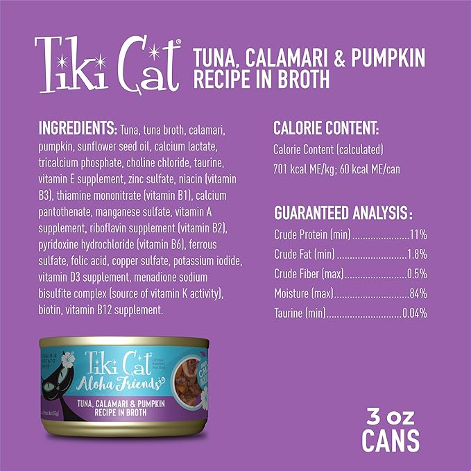 Tiki Cat Aloha Friends, Tuna, Calamari & Pumpkin, Grain-Free & High Moisture, Wet Cat Food for All Life Stages 3 oz. Cans (Pack of 12)