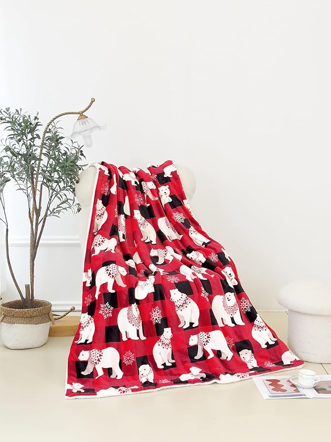 Elegant Comfort Reversible and Ultra-Plush Flannel Fleece-Winter Christmas Sherpa Throw- Lightweight Soft and Cozy-Holiday Decorative Throw, Perfect for Lounging, 50 x 60 inches, Polar Plaid Red