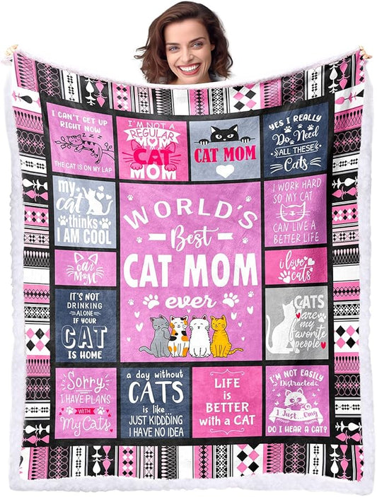 Cat Moms Sherpa Blanket for Cats Lovers Women Best Cat Mom Ever 50" X 60" Soft Throw Blanket Cats Themed Gifts for Women Girls