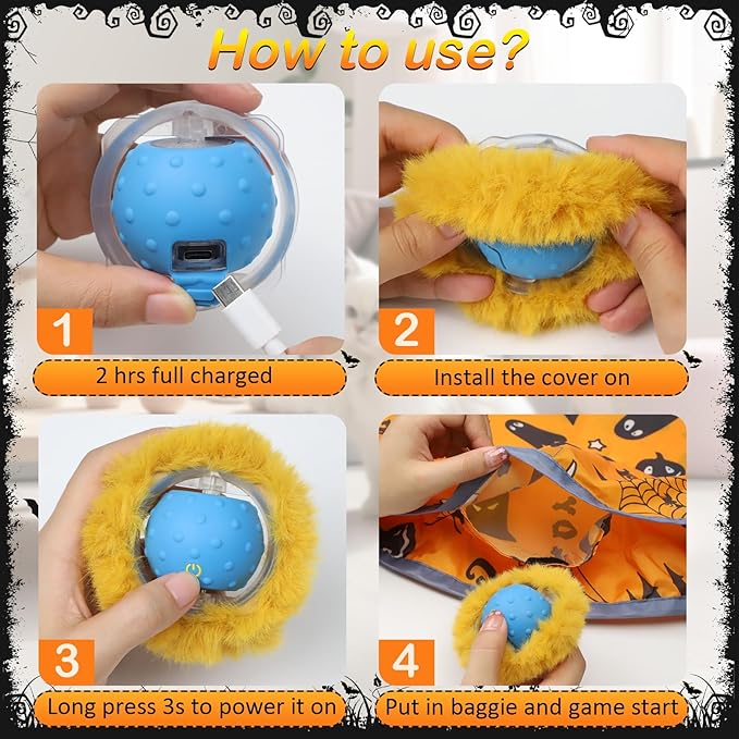 Interactive Cat Toys Ball Rolling in The Pouch, Chirping & Motion Activated Interactive Cat Ball Toy Begins Hide and Seek Game in Mat, Rechargeable Cat Exercise Toy