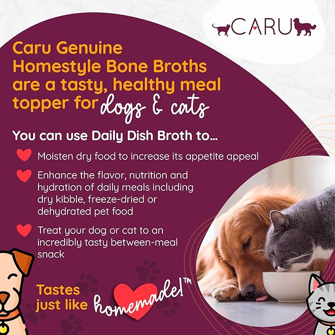 Caru Free Range Chicken Bone Broth For Dogs And Cats, Moistens Dry Food Or Pour Over Freeze Dried Raw Food, Grain And Gluten Free, Non-Gmo Ingredients (1.1 Lbs)