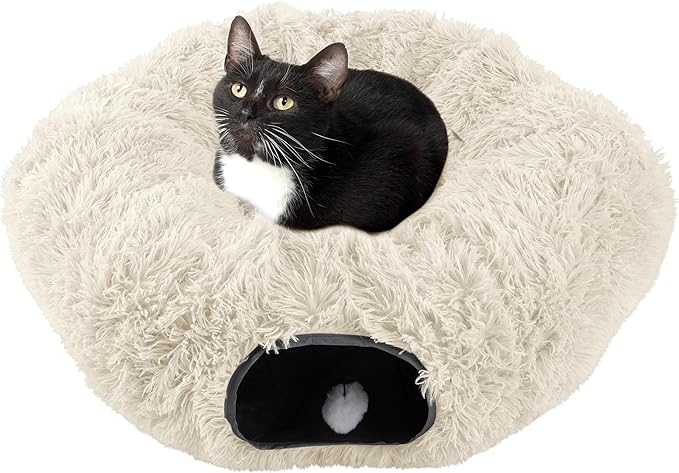 Cat Tunnel with Cat Bed for Indoor Cats - 3FT Multifunctional Cat Tunnel Bed with Cat Toys - Soft, Plush Peekaboo Cat Cave for Kittens, Cats, Ferrets, and Rabbits - Cat Products by PETMAKER (Cream)
