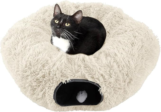 Cat Tunnel with Cat Bed for Indoor Cats - 3FT Multifunctional Cat Tunnel Bed with Cat Toys - Soft, Plush Peekaboo Cat Cave for Kittens, Cats, Ferrets, and Rabbits - Cat Products by PETMAKER (Cream)