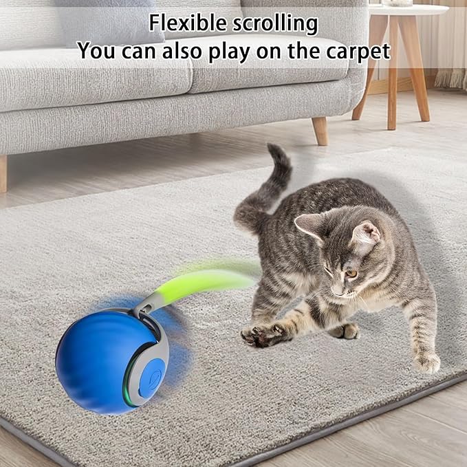Interactive Cat Toy Ball, Automatic Moving Cat Ball Toy with Feather Tail, Indoor Smart Cat Toys, Motorised Cat Toys for Chasing & Hunting