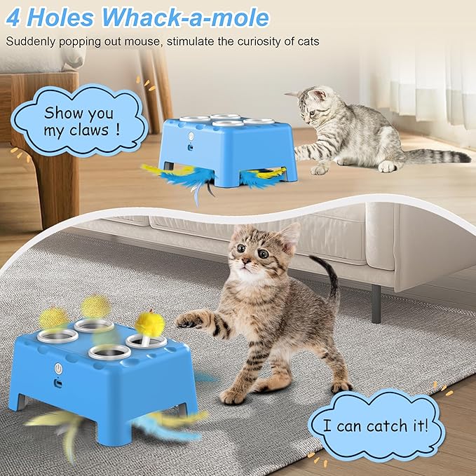Cat Toys, Interactive Cat Toys, 2-in-1 Automatic Cat Toy, 4 Holes Mice Whack A Mole Cat Mouse Toy with Moving Feather, Portable USB Rechargeable Electronic Kitten Toys (Blue)