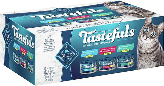 Blue Buffalo Tastefuls Flaked Wet Cat Food Variety Pack, Made with Natural Ingredients, Tuna, Chicken, Fish & Shrimp, 3-oz Cans (12 Count, 4 of Each)