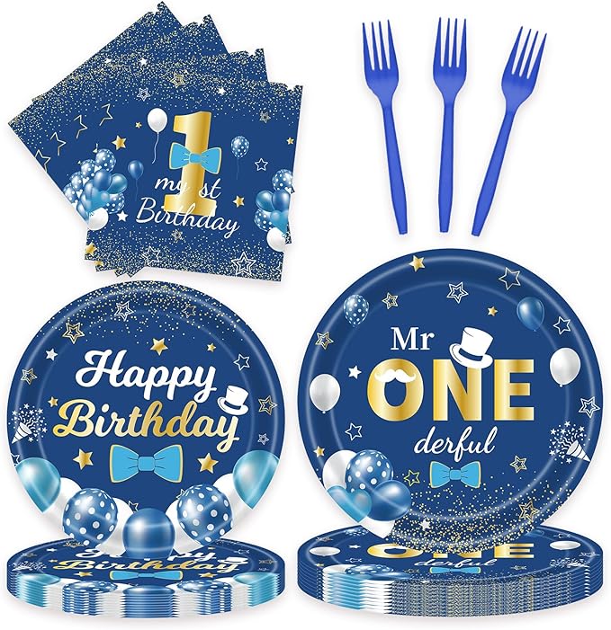 96 Pcs Blue Party Plates and Napkins Decorations Tableware Set Supplies Disposable Paper Dessert Birthday Table Dinnerware Favors Set, Serves 24 Guests
