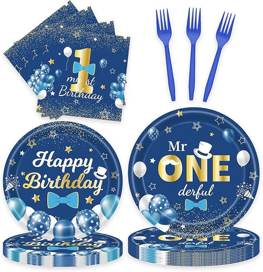 96 Pcs Blue Party Plates and Napkins Decorations Tableware Set Supplies Disposable Paper Dessert Birthday Table Dinnerware Favors Set, Serves 24 Guests