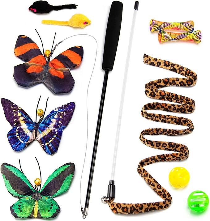 Butterfly Cat Wand Cat Toys Set, Realistic Crinkle Catnip Butterflies Kitten Toys with Retractable Interactive Cat Wand 11 PCS Cat Toys for Indoor Cats