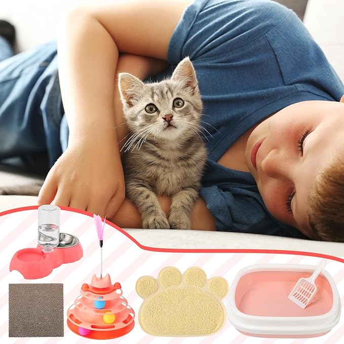 5 Pcs Small Cat Kitten Starter Kit Include Cat Litter Box with Shovel Cat Paw Litter Mat Scratch Pad Automatic Cat Bowls Turntable Cat Toys Balls Cat Essentials Kits for Cats Life(Pink)