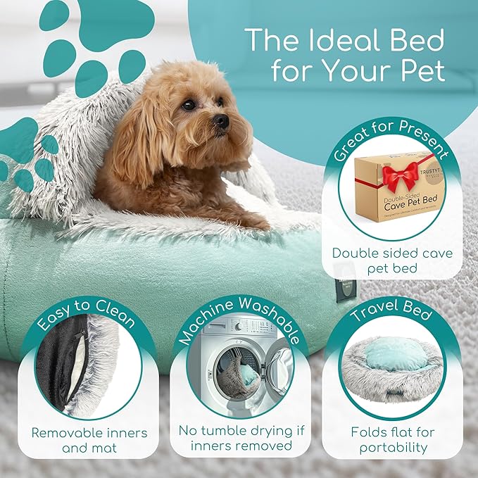 TrustyTailz Cozy Cave Dog Bed and Cat Cave Bed with Hooded Cover, Snap-in Frame, Washable and Removeable, Plush Grey Fluffy Cover Indoor Cats or Small Dog Beds, Non-Slip Base (Small)