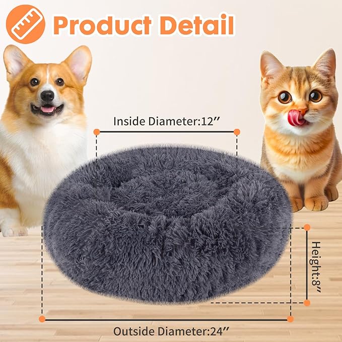 ShellKingdom Cat Beds for Indoor Cats, 24 inch Large Dog Bed for Small Medium Large Dogs, Cute Round Fluffy Plush Pet Bed for Puppy Kitten, Self Warming Calming Soft Donut Cat Bed, Grey