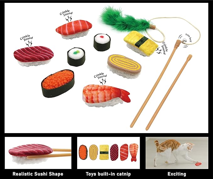 9 Assortments Pack Value Toy and Teaser Set, Interactive Catnip Cat Toys, Crinkle Toys, Feather Wand Toy, Accessories for Indoor Cat (Sushi Set)