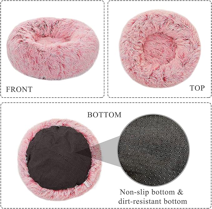 Calming Donut Dog Bed Small, Plush Round Cuddler Dog & Cat Bed, Anit-Anxiety Marshmellow Fluffy Faux Fur Cushion(20", Pink)