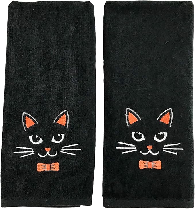Halloween Bathroom Hand Towels – 16” x 25” Black Cotton Embroidered Cat Design- Spooky Gothic Bath Kitchen Décor, Set of 2