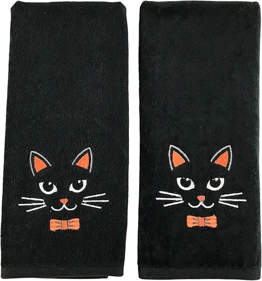 Halloween Bathroom Hand Towels – 16” x 25” Black Cotton Embroidered Cat Design- Spooky Gothic Bath Kitchen Décor, Set of 2