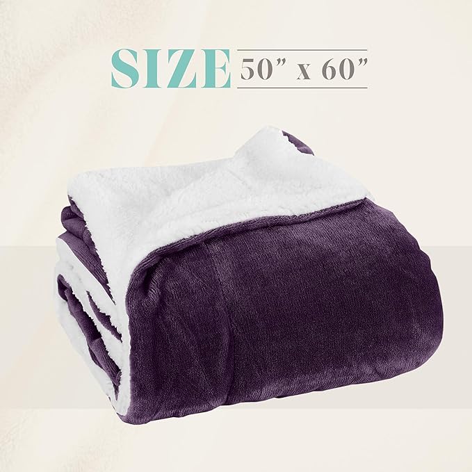Elegant Comfort Reversible and Ultra-Plush Flannel Fleece Sherpa Throw- Lightweight Soft and Cozy- All Season Decorative Throw, Perfect for Lounging, 50 x 60 inches, Purple