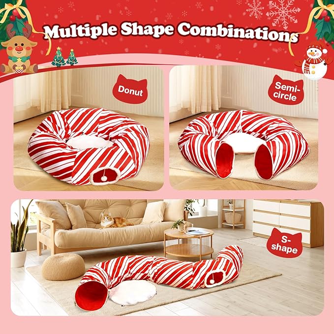 Cat Tunnel Bed Peekaboo Cat Cave Donut Under Christmas Tree Candy Cane Design Festive Decor Perfect for Small Medium Large Cats, Kittens, Rabbit, Ferret