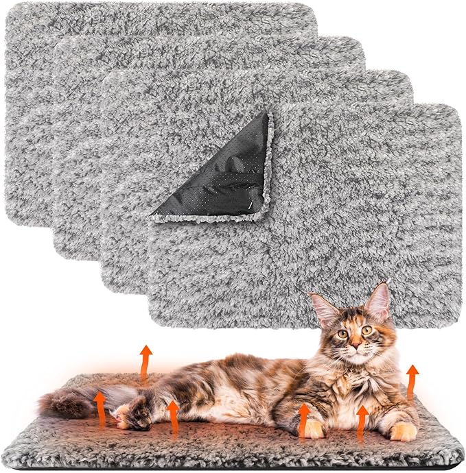 4 Pack Self Warming Cat Pads Self Heating Cat Mat Thermal Pads for Small Dogs Washable Pet Kennel Pad Crate Bed Mat with Removable Covers for Indoor Outdoor Pet(Gray,22 x 35 Inch)