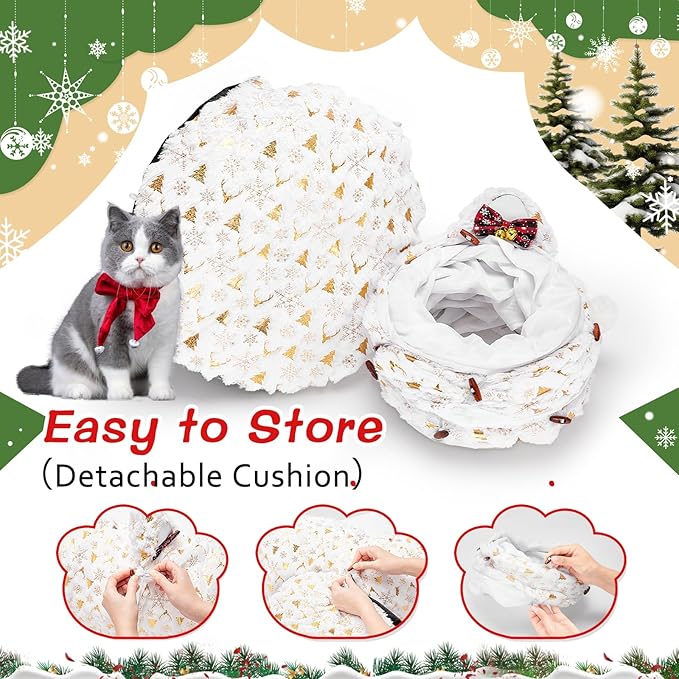 Cat Tunnel Bed for Indoor Cats, 3-in-1 Christmas Cat Donut Tunnel with Washable Cushion, Cat Tube Cave Toys Comes with Two Spherical Cat Fun Balls, for Kitten/Puppy/Rabbit, White