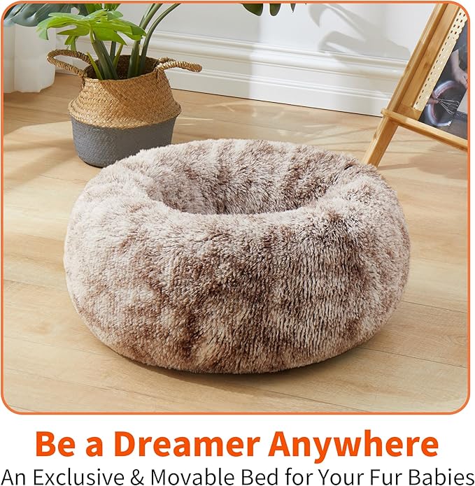 Round Donut Cat and Dog Cushion Bed, Pet Bed for Cats or Small Dogs, Anti-Slip & Water-Resistant Bottom, Super Soft Durable Fabric Pet Beds, Washable Luxury Cat & Dog Bed Brown White 19.7'