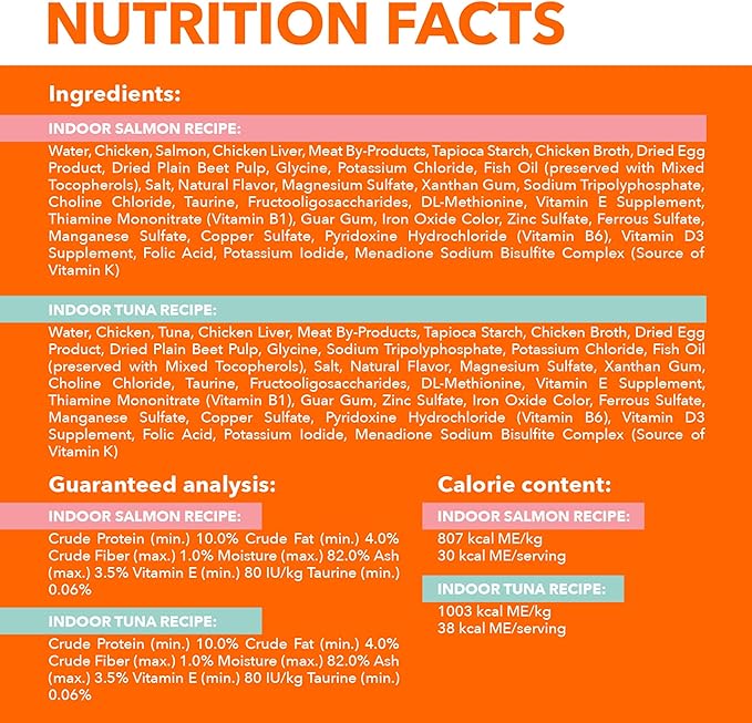 Iams Perfect Portions Indoor Adult Grain Free Wet Cat Food Pate Variety Pack, Salmon and Tuna Recipes, 2.6 oz. Easy Peel Twin-Pack Trays (12 Count, 24 Servings)