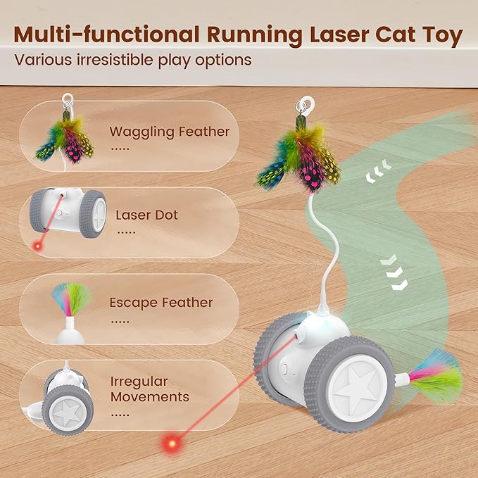 Potaroma Cat Laser Toys Interactive 3in1, Rechargeable, Automatic Moving Wheels, 2 Feathers, Indoor Kitten Exercise Kicker Toys, Assorted Colors Feathers for All Breeds