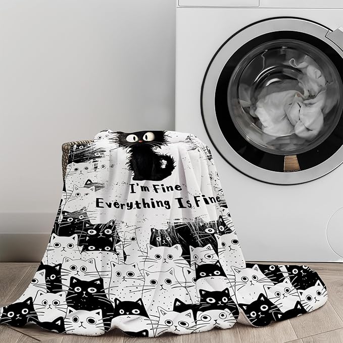 Cat Blanket, Black Cat Gifts for Cats Lovers, I'm Fine Everything is Fine Black Cats Blanket 50"X60", Kitten Lovers Gifts for Women Girls Kids Adults