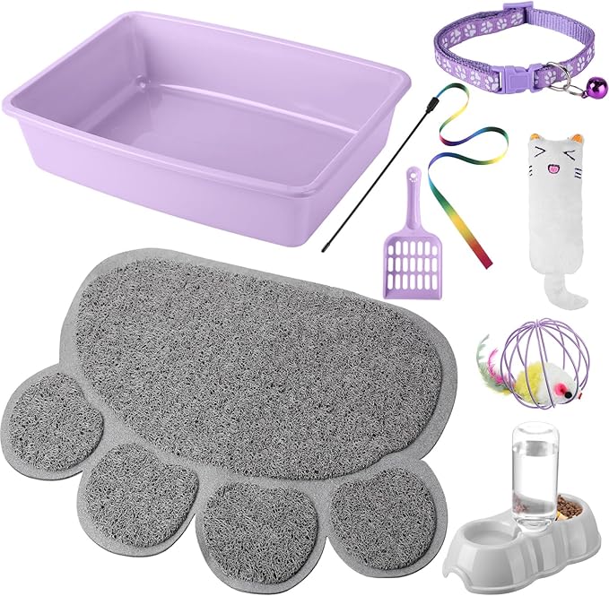 7 Pcs Small Cat Kitten Starter Kit Cat Litter Box with Shovel Cat Paw Litter Mat Double Automatic Cat Bowls Cat Toy Teaser Stick Cat Collar Essentials Kits for 1-3 Lbs Beginner (Purple,Simple)