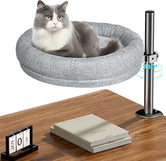 Cat Desk Bed, Desk Cat Nest Bed Round Cat Beds for Desk Indoor Cats up to 40 lbs, Comfortable Soft Pet Bed for Kitten, Cat Hammock for Desk 360° Rotation & Adjustable Height(Grey)