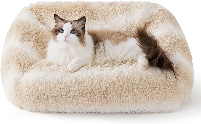 Lesure Cute Cat Couch Bed - Furry Indoor Cat Sofa Large, Washable Calming Small Dog Beds for Puppy with Fashion Design, 26x21x9inches, Beige Stripe