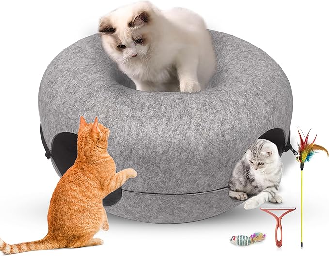 DMMC Cat Tunnel Bed, Detachable Donut Cave for Indoor Cats, Peekaboo Nest Donut for Large Cats, Hideaway Cave 2 Toys & 1 Hair Remover Brush - Washable Pet Tunnel Bed Scratch Resistant (24" Light Grey)