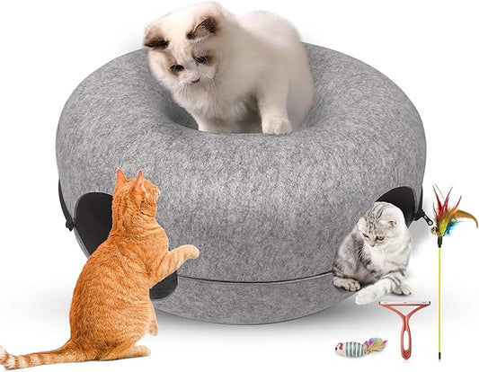 DMMC Cat Tunnel Bed, Detachable Donut Cave for Indoor Cats, Peekaboo Nest Donut for Large Cats, Hideaway Cave 2 Toys & 1 Hair Remover Brush - Washable Pet Tunnel Bed Scratch Resistant (24" Light Grey)
