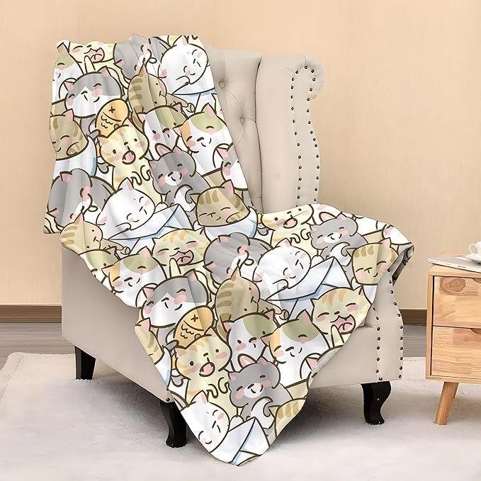 Cute Kids Cats Print Blanket Throw 60"X50", Plush Flannel Blankets with Cats On It, Gifts for Kids Women Cat Lovers People