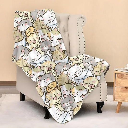 Cute Cats Print Blanket Throw 80"x60", Plush Flannel Blankets with Cats On It, Gifts for Kids Adults Cat Lovers People