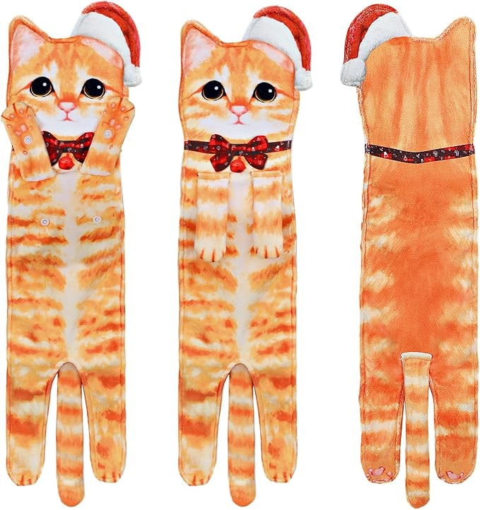 Cat Hand Towels for Kitchen Bathroom - Cute Cat Decor Gadgets - Hanging Soft Absorbent Hand Face Towel - Funny Unique Christmas Birthday for All Women Mom Cat Lovers - Orange