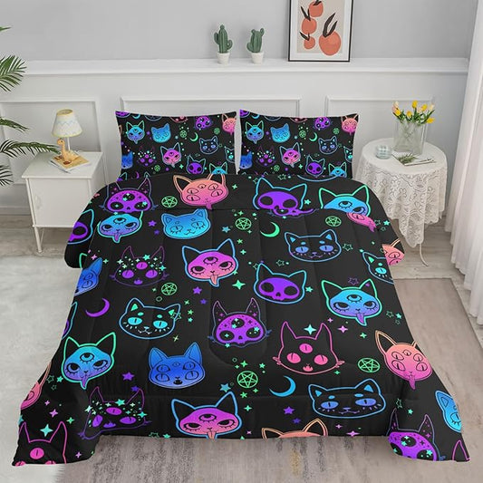 Axolotl Cat Comforter Set Queen,Kawaii Trippy Cat Moon Stars Bedding Set with 1 Comforter 2 Pillowcases for Kids Boys Girls Teens Adults Room Decor All Season,Colorful Neon Trippy Bed Set