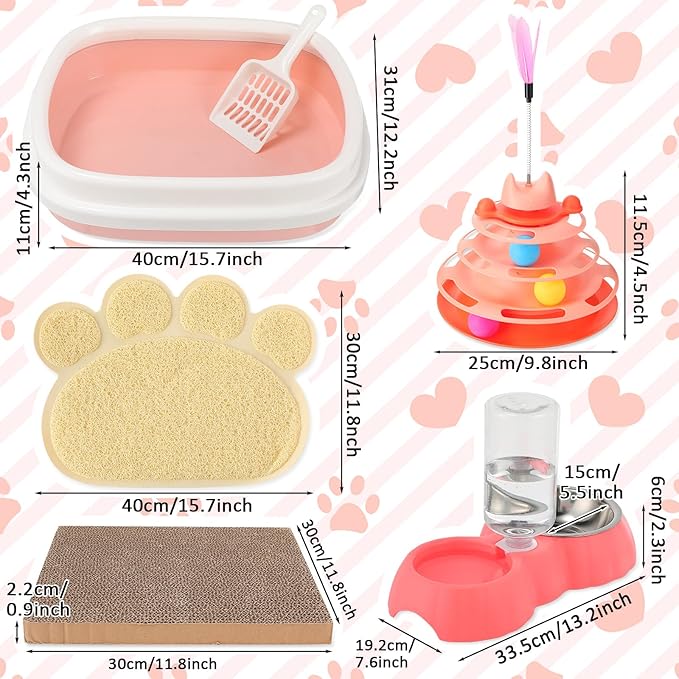 5 Pcs Small Cat Kitten Starter Kit Include Cat Litter Box with Shovel Cat Paw Litter Mat Scratch Pad Automatic Cat Bowls Turntable Cat Toys Balls Cat Essentials Kits for Cats Life(Pink)