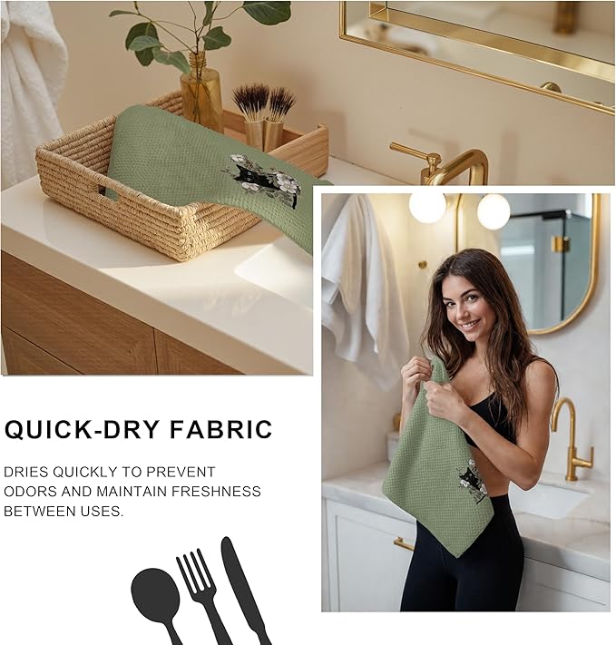 Black Cat Gifts Kitchen Dish Towels Hand Towels for Bathroom Kitchen Decor, Gifts for Cat Mom Lover and Women,16x24 Inch(Green)