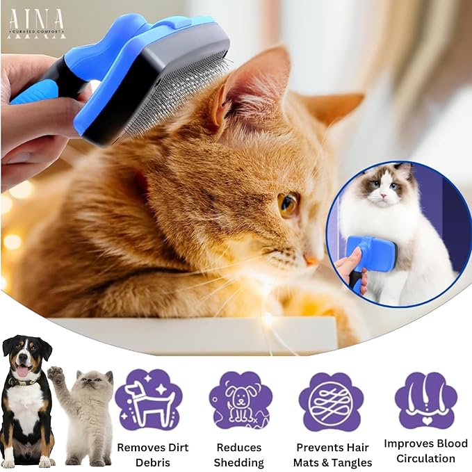 AINA Self-Cleaning Pet Grooming Brush | Pet Slicker Brush for Dogs & Cats Detangling & Fur Removal with Click Clean Button | Effective & Comfortable Pet Deshedding Brush, Perfect for Pet Grooming