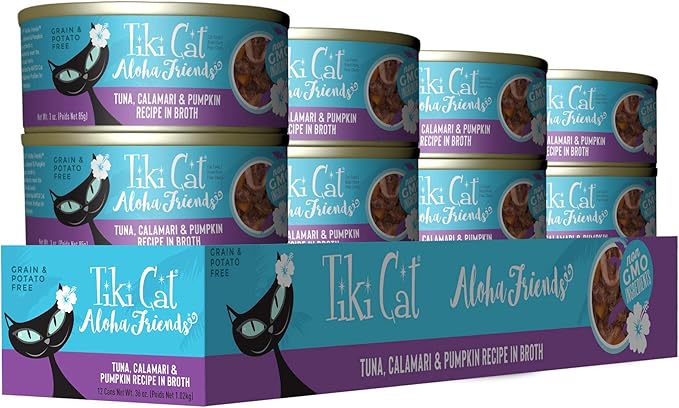 Tiki Cat Aloha Friends, Tuna, Calamari & Pumpkin, Grain-Free & High Moisture, Wet Cat Food for All Life Stages 3 oz. Cans (Pack of 12)