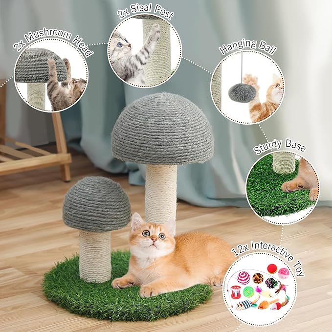 BNOSDM Mushroom Cat Scratching Post, Cat Scratcher with 2 Sisal Poles 12 Pcs Cat Toys and Hanging Ball, Pet Interactive Toy Scratch Post for Indoor Kitten Kitty Small Cats (Coffee)