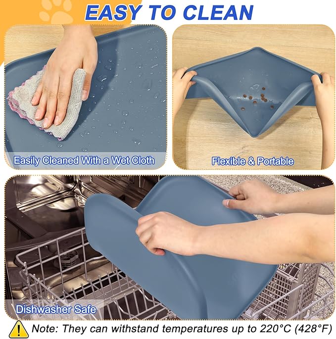 Silicone Pet Feeding Mat with Raised Edge for Food and Water, Dog Bowl Mats, Cat Bowls Placemat with High Lip for Floor Waterproof, Rubber Tray for Cats and Dogs 24 x 16 x0.8 Slate Blue